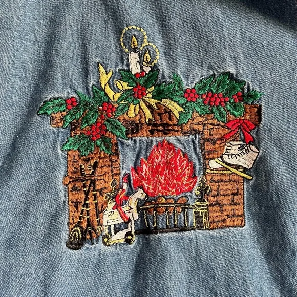 Vintage Christmas Embroidered Denim Button Down Shirt/Blouse L/XL - Picture 3 of 10